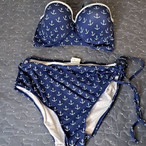 Beach Joy blue with anchors bikini set size small - Picture 1 of 5